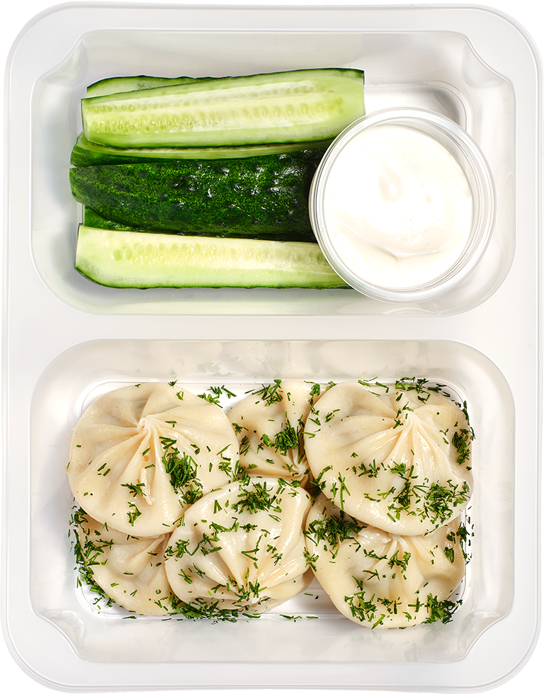 Pierożki khinkali wołowo-wieprzowe z ogórkami kiszonymi