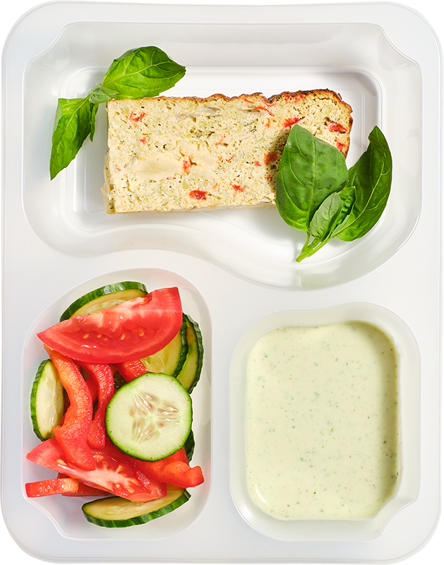 Comfort - Zapiekanka migdałowa z brokułęm, serem bałkańskim i papryką, świeże warzywa, dip bazyliowy