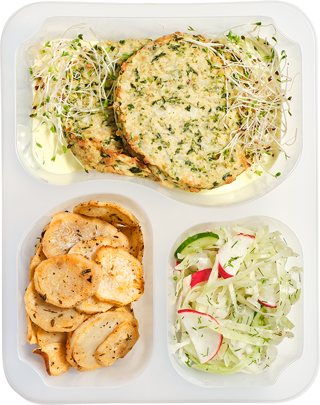 Ekonomiczna + wege - Medaliony z kalafiora ze szpinakiem w sosie serowym, talarki z pietruszki, surówka z białej kapusty