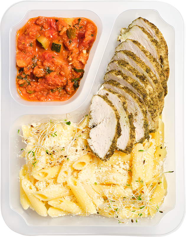 Fodmap - Makaron penne w sosie pomidorowym z cukinią, kurczakiem i włoskim serem