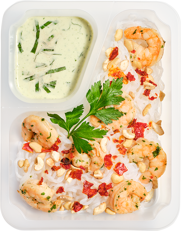 Keto fusion - Makaron konjac w sosie śmietanowym z krewetkami, orzechami nerkowca i natką pietruszki