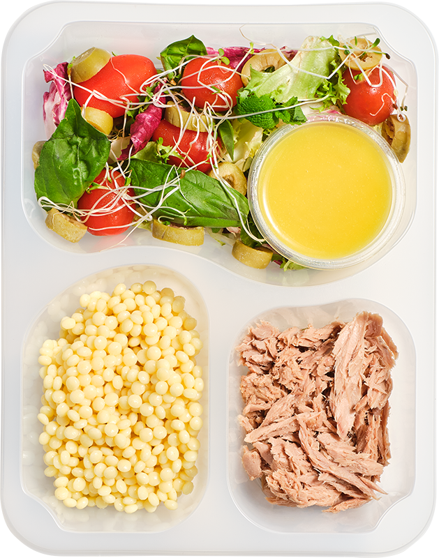 Ladies Vibes - Sałatka z tuńczykiem, kuskusem perłowym, pomidorkami i oliwkami, winegret cytrusowy