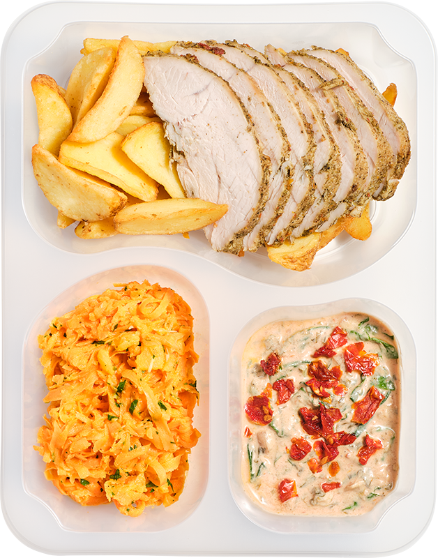 Standard - Pieczony indyk w sosie szpinakowym z suszonymi pomidorami, ziemniaki opiekane, surówka z marchewki i jabłka