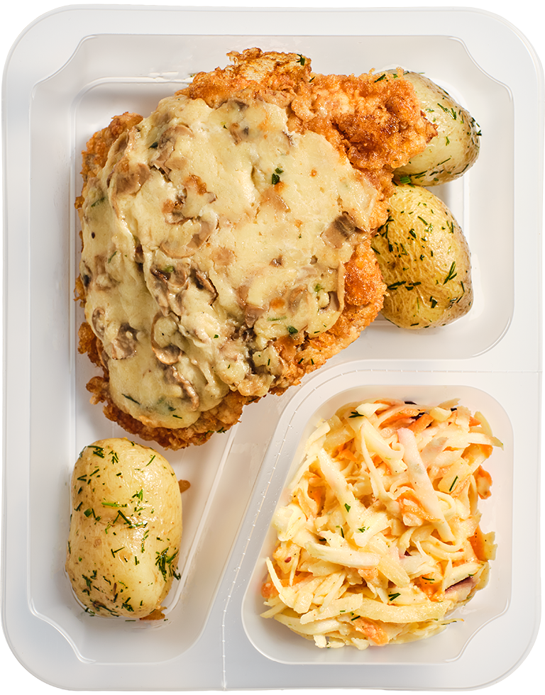 Schabowy Vikinga, ziemniaki z koperkiem, surówka z selera z żurawiną